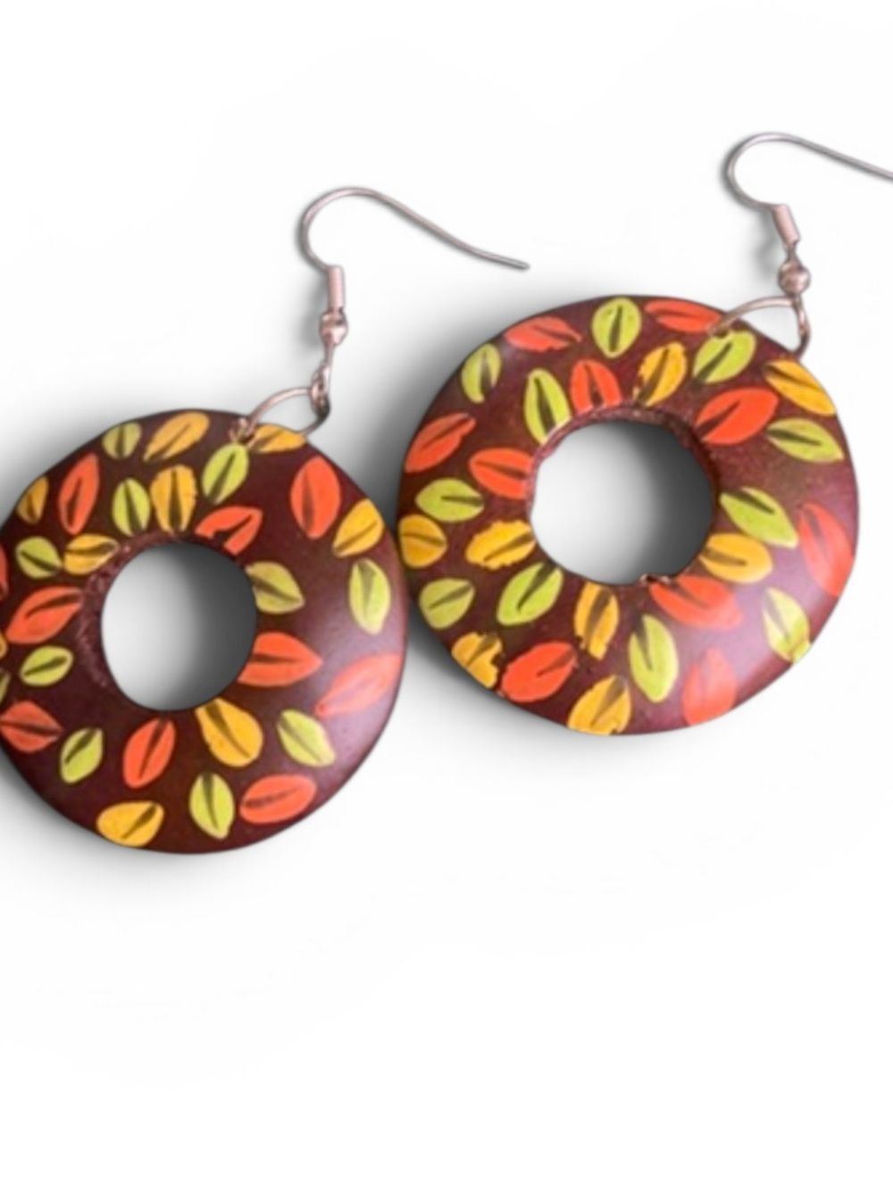 Colorful Leaf Pattern Wood Hoops - Brown, Orange, Yellow, Green